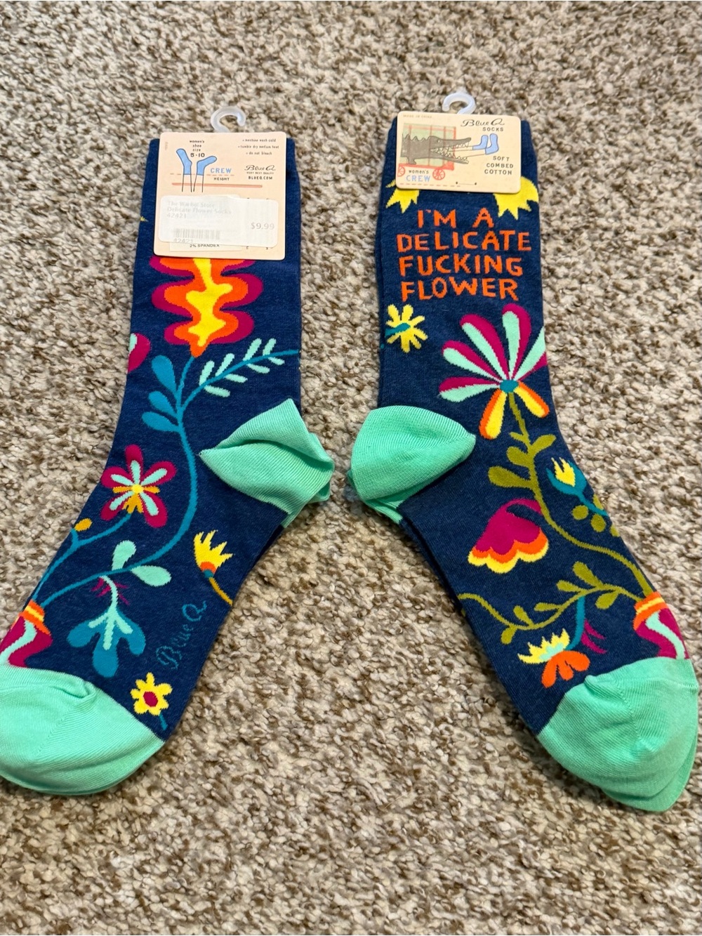 Blue Q Navy Crew Socks with Yellow Stars and Orange Text